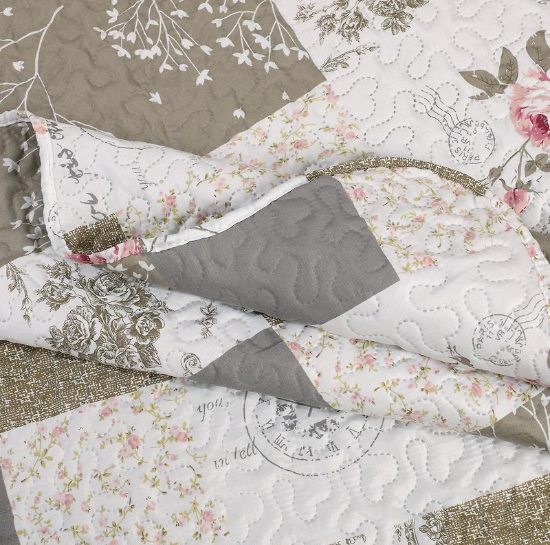 Marina Decoration Rich Printed Embossed Pinsonic Coverlet Bedset Ultra Soft Bedding Summer Quilt Set avec taies d'oreiller, motif floral rose et motif à carreaux de branches