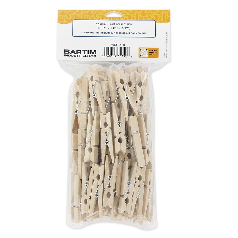 TINY HANDS Wooden Clothespins, 100 pcs - 47.6 × 6.35 × 9.5 mm (0.37 in), Age 3+, 4.8 cm (1.88 in), 100pcs