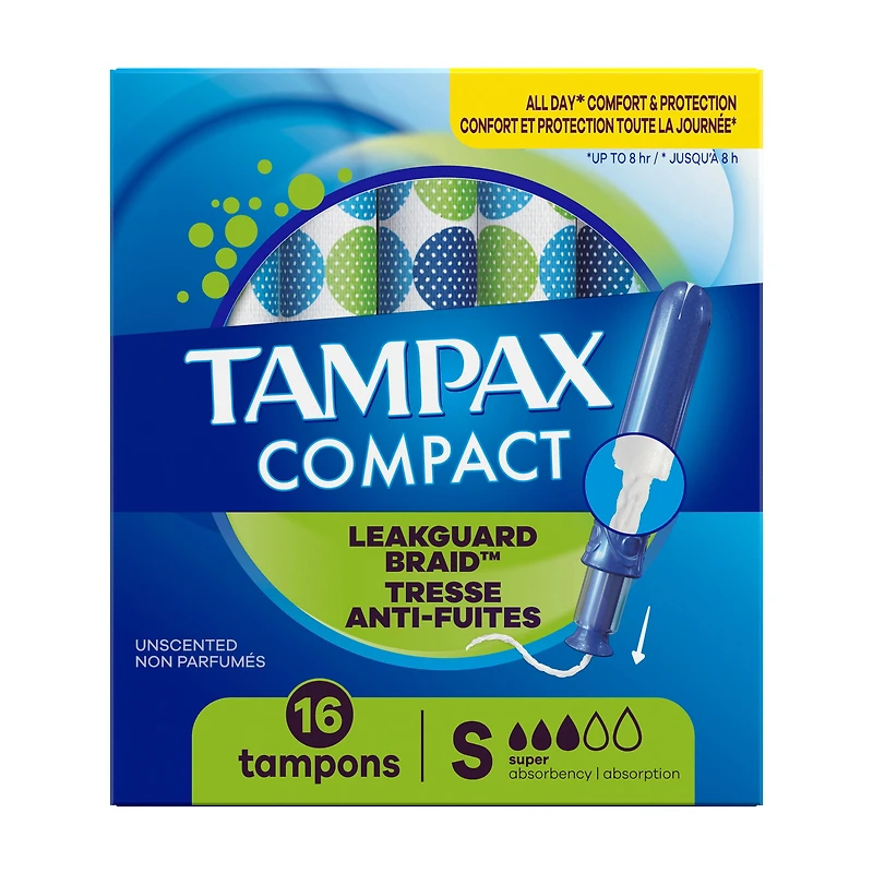 Tampax Tampons Pearl Compacts, avec Tresse LeakGuard & Applicateur Extensible, Absorption Super, Applicateur Extensible Compact, Non Parfumés