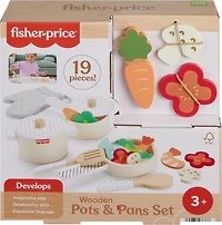 Fisher-Price Wooden Kitchen Pots & Pans Set, 19 Wood Pieces for Preschool Pretend Play, Ages 3+ Years