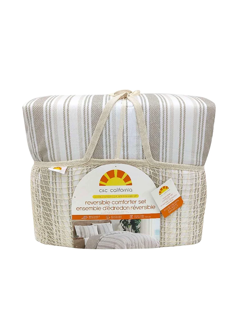 C&C California Printed Stripe Reversible Comforter Set, 100% Cotton, Breathable, All-Season Comfort , 3 piece, King, Oat