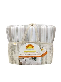 C&C California Printed Stripe Reversible Comforter Set, 100% Cotton, Breathable, All-Season Comfort , 3 piece, King, Oat