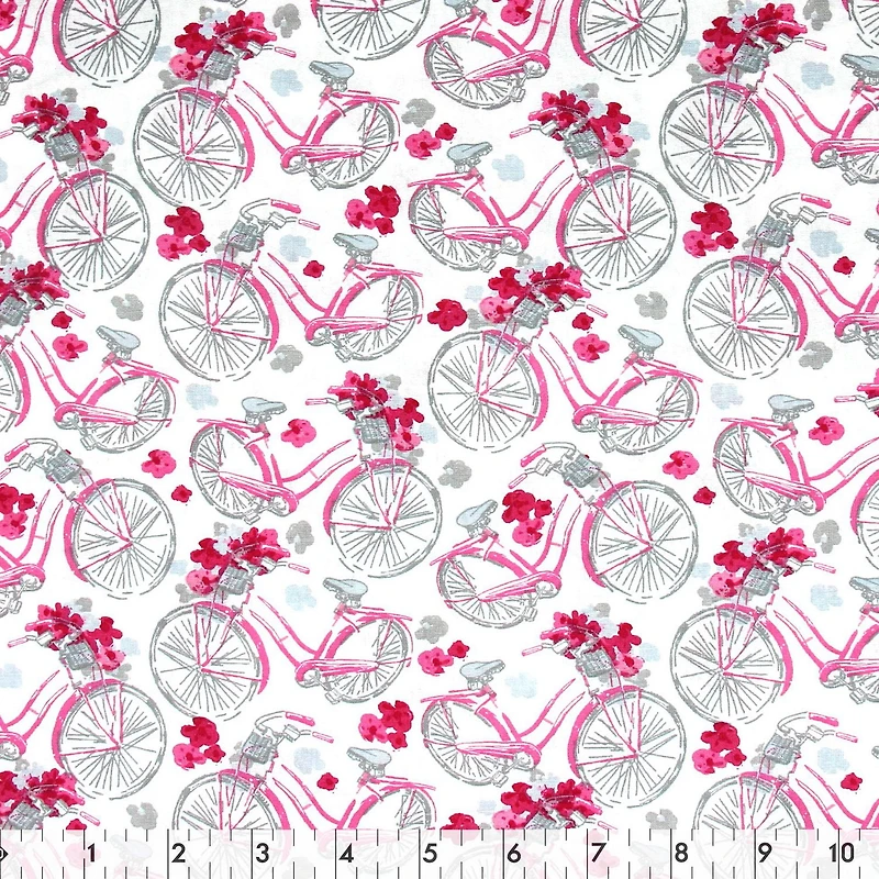 FABRIC CREATIONS White Pink and Grey Bicycles and Flowers Fat Quarter 45 × 53 cm (18 × 21 in), 18x21