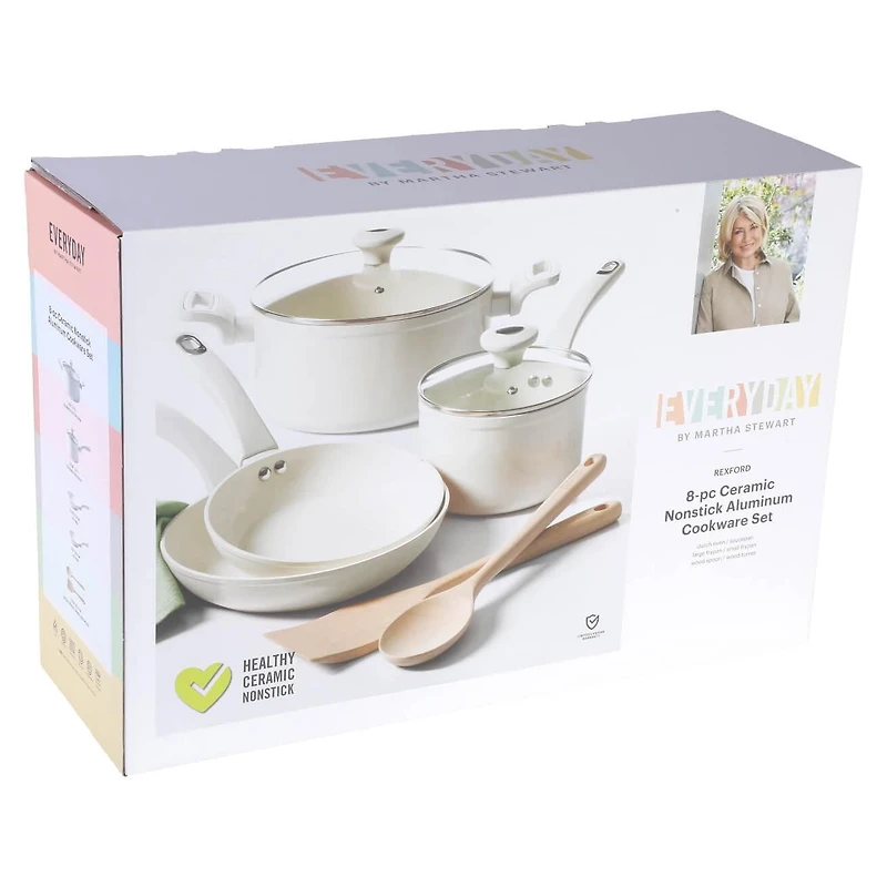Martha Stewart Everyday Rexford Batterie de cuisine 8 pièces en aluminium avec ustensiles de cuisine – Lin – Céramique antiadhésive – Base à induction – Poignée douce au toucher – Aluminium forgé – 2,