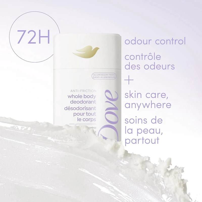 Déodorant corporel sans aluminium Bâton Anti-Friction, Dove parfum noix de coco et vanille, 72 heures de protection anti-odeurs
