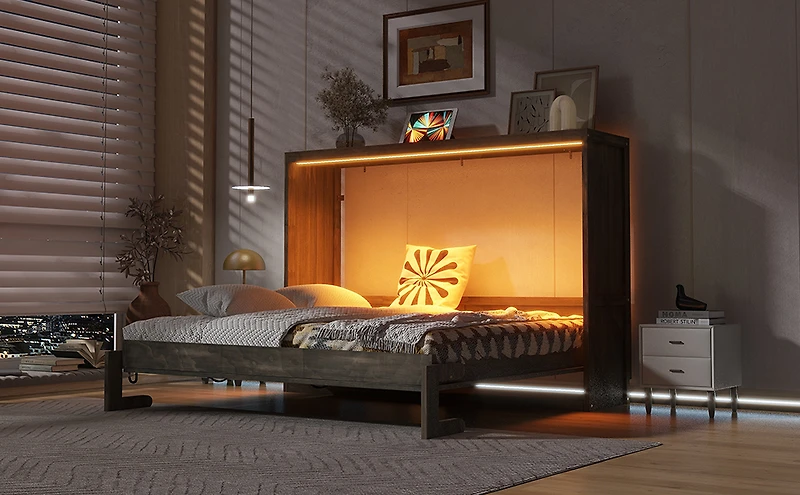 Noble House Full Size Murphy Bed with LED Light,Brown