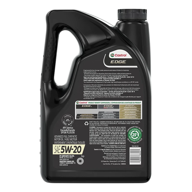 Huile Castrol EDGE 5W20 entièrement synthétique, 3 bidons de 5 L
