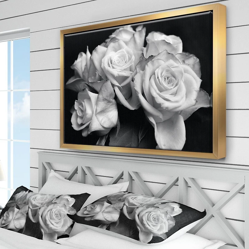 Designart Bunch of Roses Black and White FLOAT FRAME WALL ART
