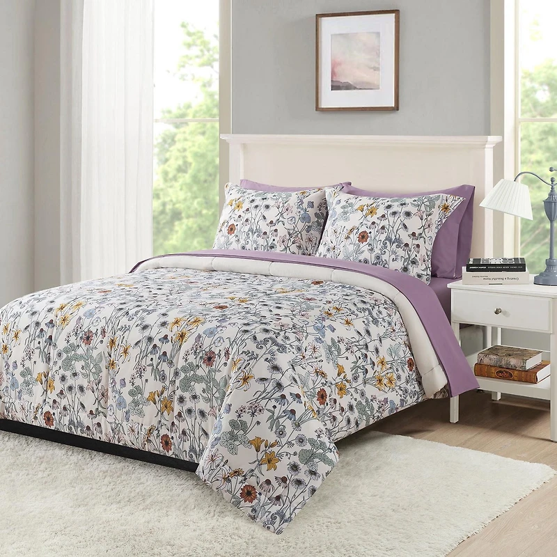 Mainstays All in One Reversible Comforter and Sheet Set, 7-Piece, Full, White Multi Floral
