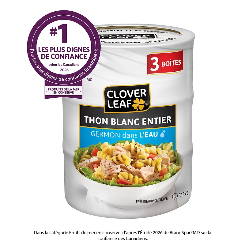Clover LEAF® Thon blanc entier Germon dans l’eau 3x170g (3 boîtes). 100% poisson sauvage. Thon en conserve. Sans gluten.