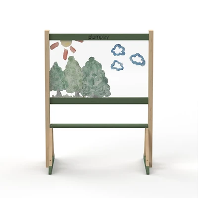Plum Play Outdoor and Indoor Art Easel for kids with Dual Sided Easy Wipe Screen and Storage Shelf, Learning Toys for Toddlers, Wood Planter Box, Easy to Clean, Durable, Weatherproof, Ages 3+
