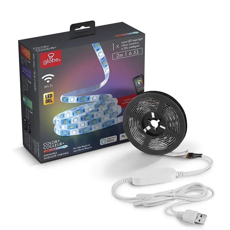 Bande lumineuse à DEL enfichable de couleur changeante, 2 mètres/6,6 pieds, aucun concentrateur requis, activé par la voix