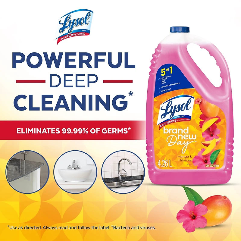 Lysol® Multi-Surface Cleaner, Pourable Disinfecting All-Purpose Cleaner for Floor & Hard Surfaces, Cuts Grease & Grime, Brand New Day ™ Mango & Hibiscus, 4.26 L