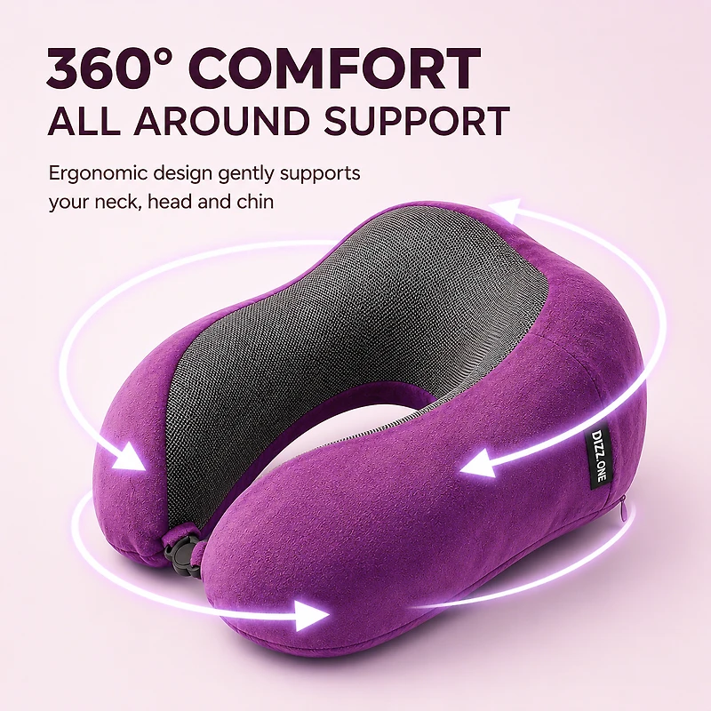 Oreiller cervical ergonomique en mousse mémoire Dizz One pour le voyage, se plie de façon compacte, violet