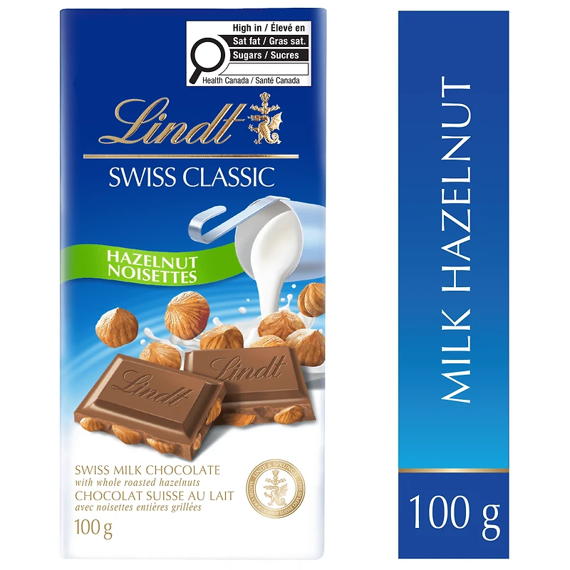 Lindt SWISS CLASSIC Hazelnut Milk Chocolate Bar, 100 Grams