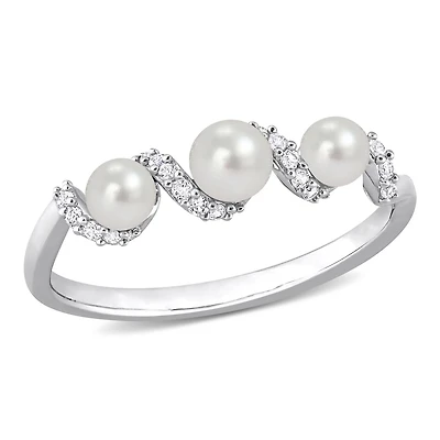Bague torsadée à trois pierres Miabella avec 1/4 Carat PBT de Saphir Blanc et perles de culture d'eau douce en Argent Sterling