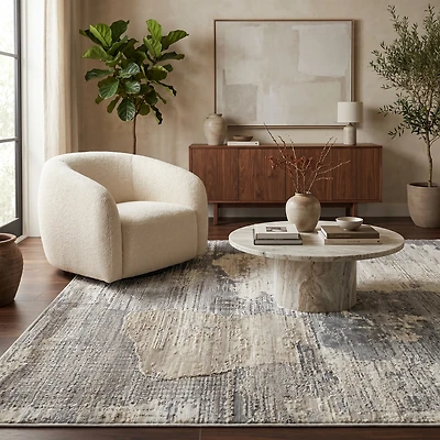 Tapis d'interieur abstrait Rug Branch Nomad, gris creme, moderne - Salon, chambre, salle a manger et cuisine