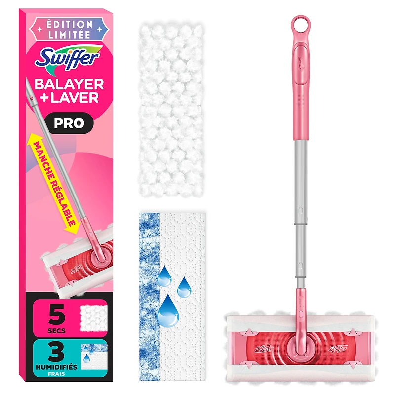Swiffer Sweep and Mop Pro, Wicked Limited Edition Pink, 2-in-1 Floor Mopping and Sweeping Kit, 1 Device, 5 Sweep Refills, 3 Mop Refills