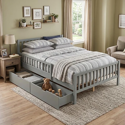 Homy Casa Full Size Wood Platform Bed with Guardrails and Two Storage Drawers, Grey, Sturdy Frame, Modern Design for Bedroom