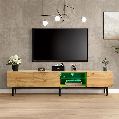 Noble House Meuble TV Moderne 69 Pouces, Console Multimédia LED Ajustable en Bois avec 3 Armoires, Grand Rangement, Naturel