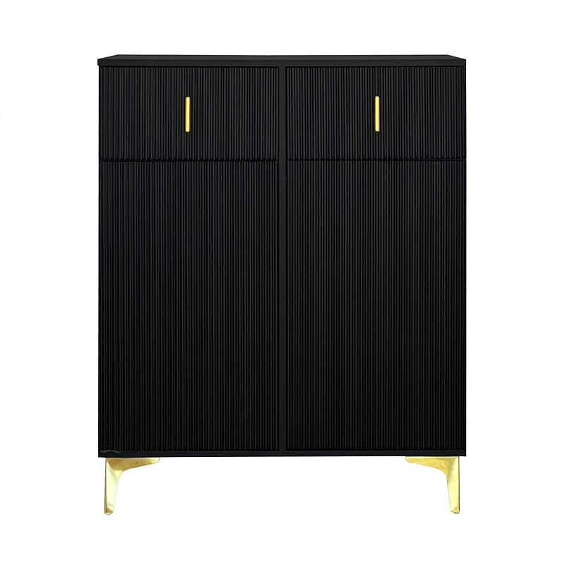 Homy Casa Black Storage Cabinet with 2 Drawers, Soft-Close Doors and Adjustable Shelves, Gold Accents