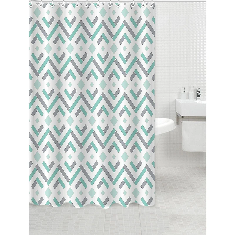 14Pc Set Peva S. Curtain + 12 Hooks + Bathmat (Geo Diamond)