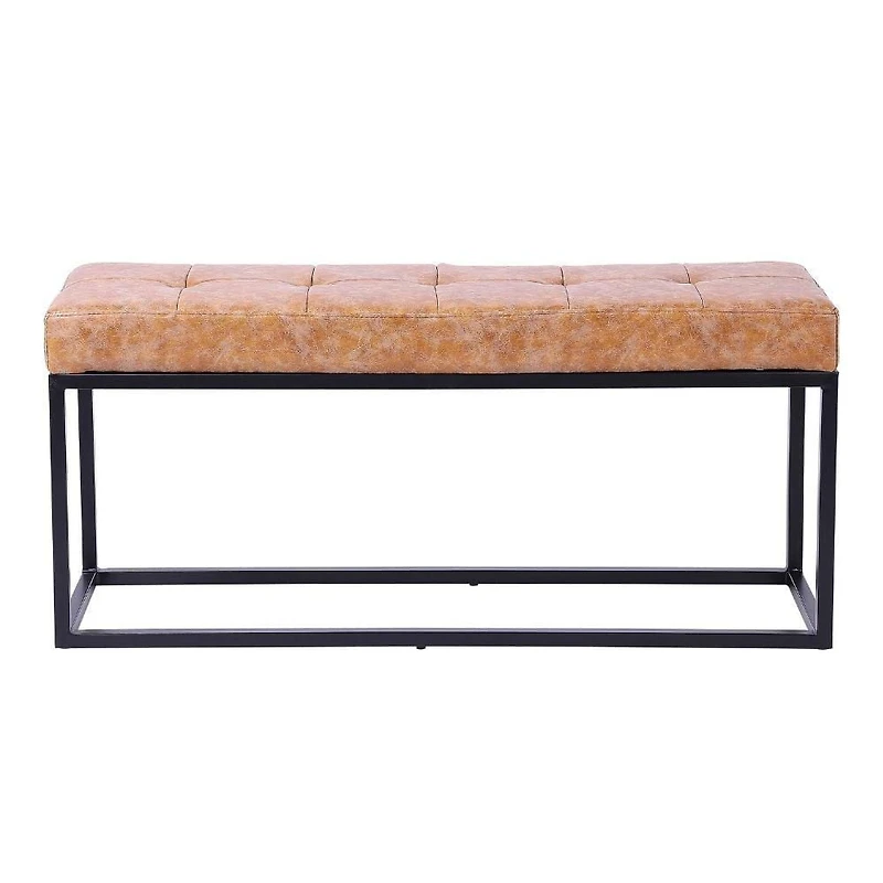 Oli Tan Bench with Black Frame, Tan Distressed Finish Leather Upholstery, Stylish Ottoman, Rectangular Bench, Indoor Bench, Ideal for Dining Room, Living Room, Bedroom, Entryway, Hallway