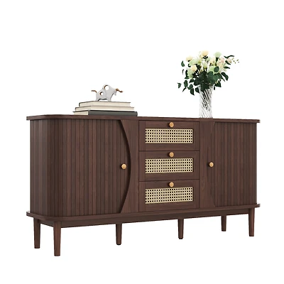 Noble House Buffet en Rotin, Armoire à Porte Coulissante avec Étagères Ajustables et Dessus Arrondi, Armoire de Rangement, Bois de Noyer