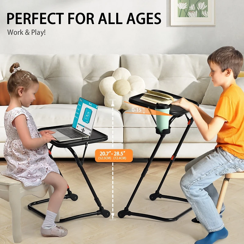 Homy Casa 1-Piece 21.26'' Folding Tray Table, Adjustable Height Side Table with Cup Holder for Sofa Bed, Black