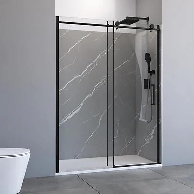 32" x 60" Alcove Shower Kit in Matte Black – 8 mm Sliding Glass Door, White Marble SMC Walls & Side‑Drain Base