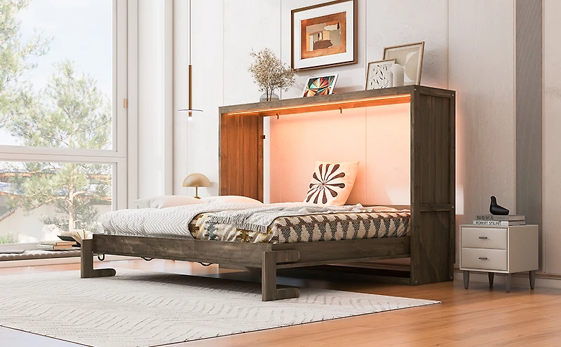Noble House Full Size Murphy Bed with LED Light,Brown