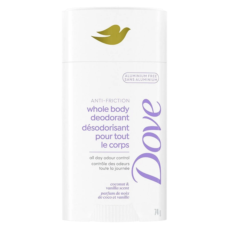 Dove Whole Body Deodorant Aluminum Free, Anti-Friction Stick Coconut & Vanilla Scent