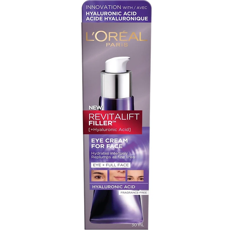 L'Oreal Paris Revitalift Crème de yeux pour le visage Hydratant avec acide hyaluronique, sans parfum, sans alcool, 30mL