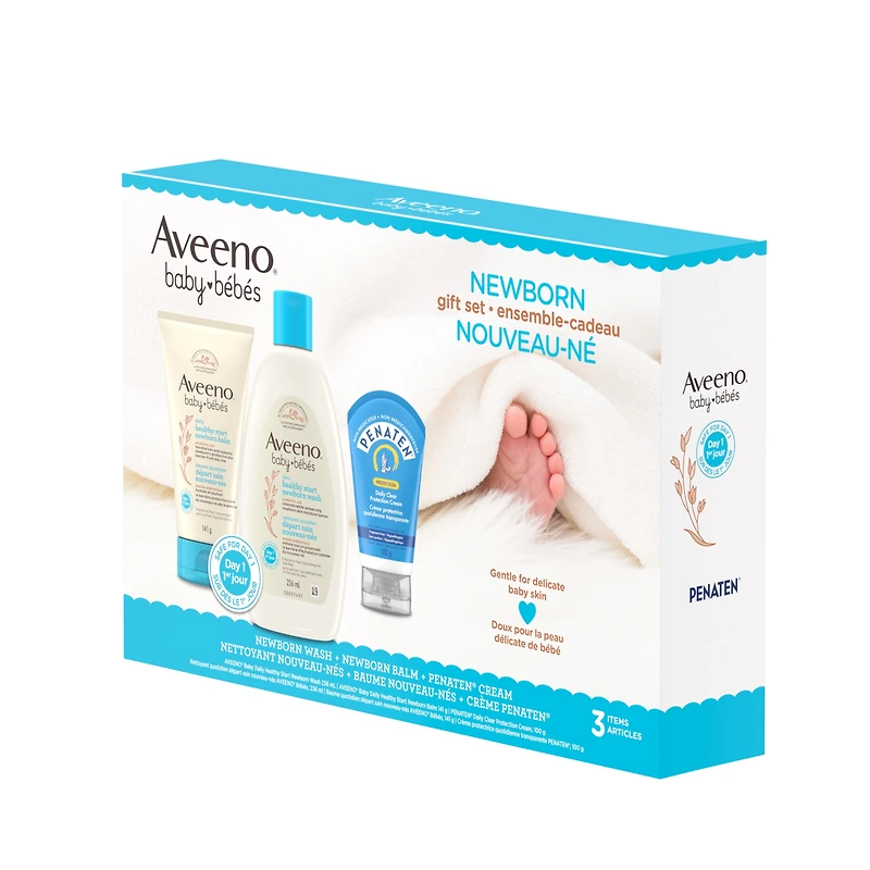 Ensemble-cadeau Départ sain pour nouveau-nés Aveeno Baby, nettoyant pour nouveau-nés, baume pour nouveau-nés, crème Penaten, sans parfum, 3 produits