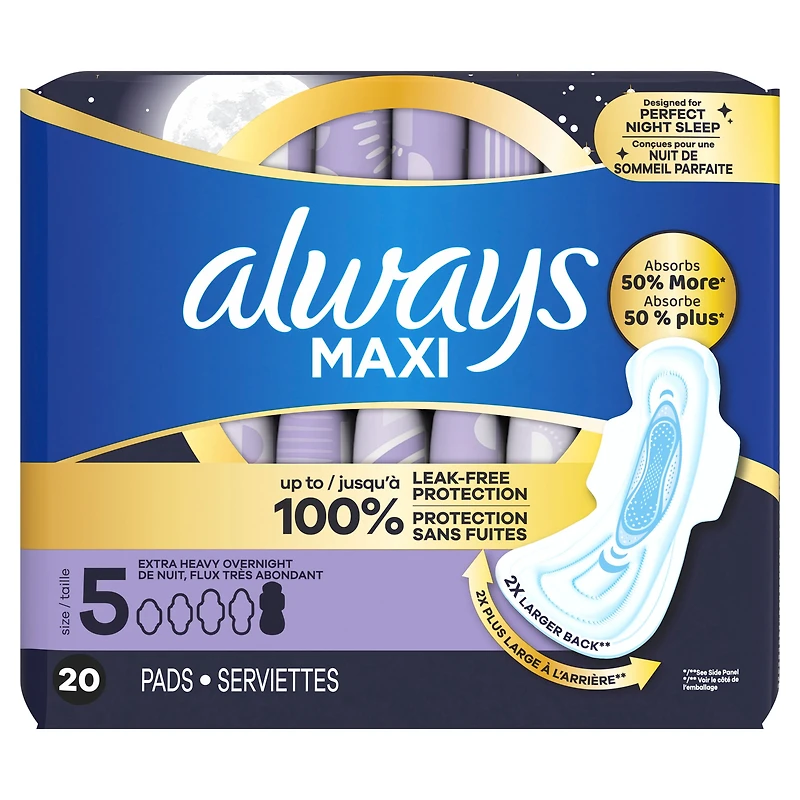Always Maxi Overnight Pads with Wings for Women, Size 5, Extra Heavy Overnight Absorbency, Unscented