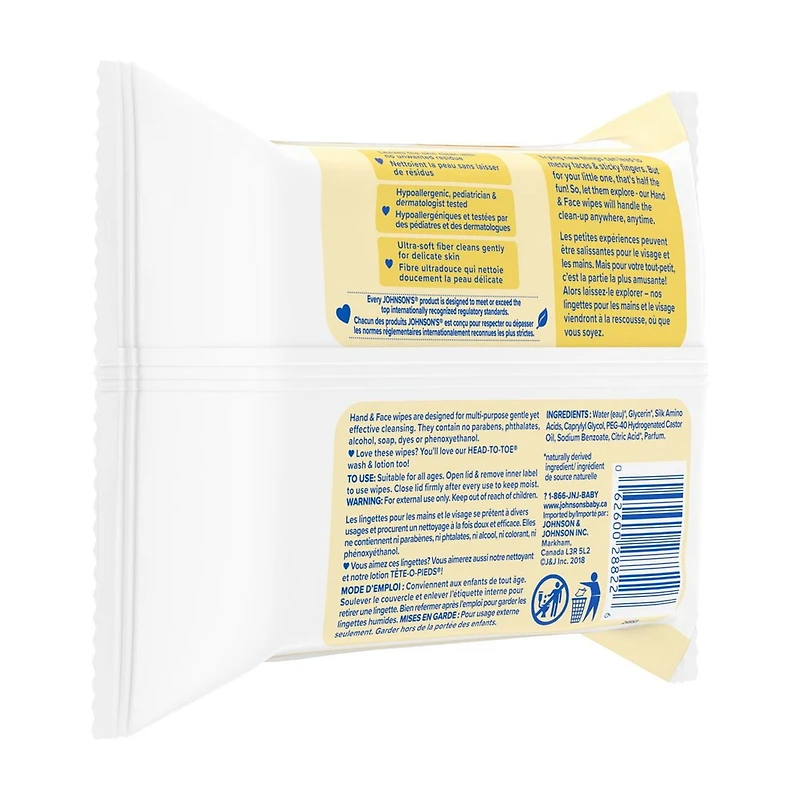 Johnson’s Lingettes pour les mains et le visage, 25 u.