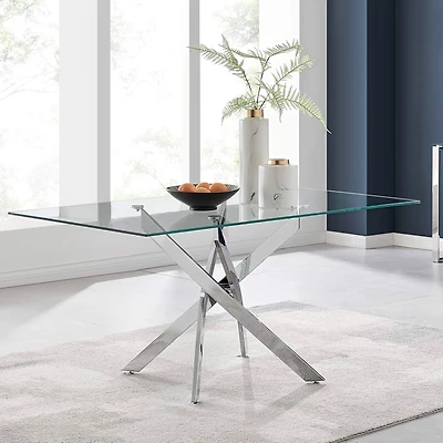 Heavenly Collection Table à manger rectangulaire argentée en verre trempé avec base croisée en métal pour salle à manger ou cuisine