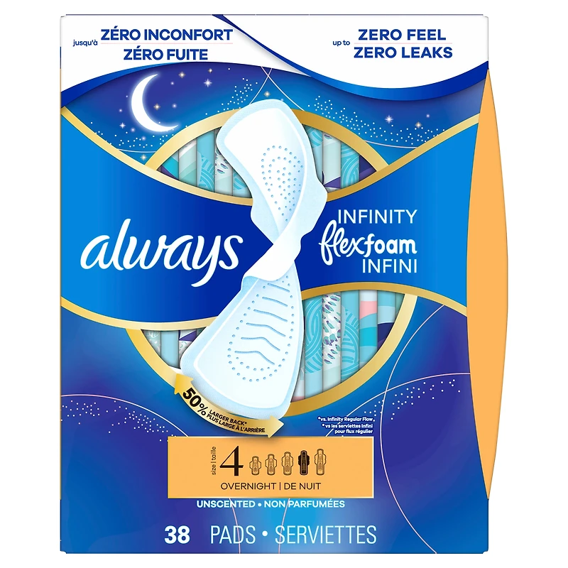 Always Infinity FlexFoam Pads for Women, Size 4, Overnight Pad with Wings, Unscented, 38 Count