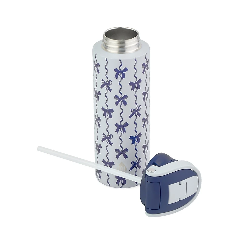 TAL Stainless Steel 2-in-1 Straw and Chug Water Bottle with Push Lid 24 fl oz, Blue Bows