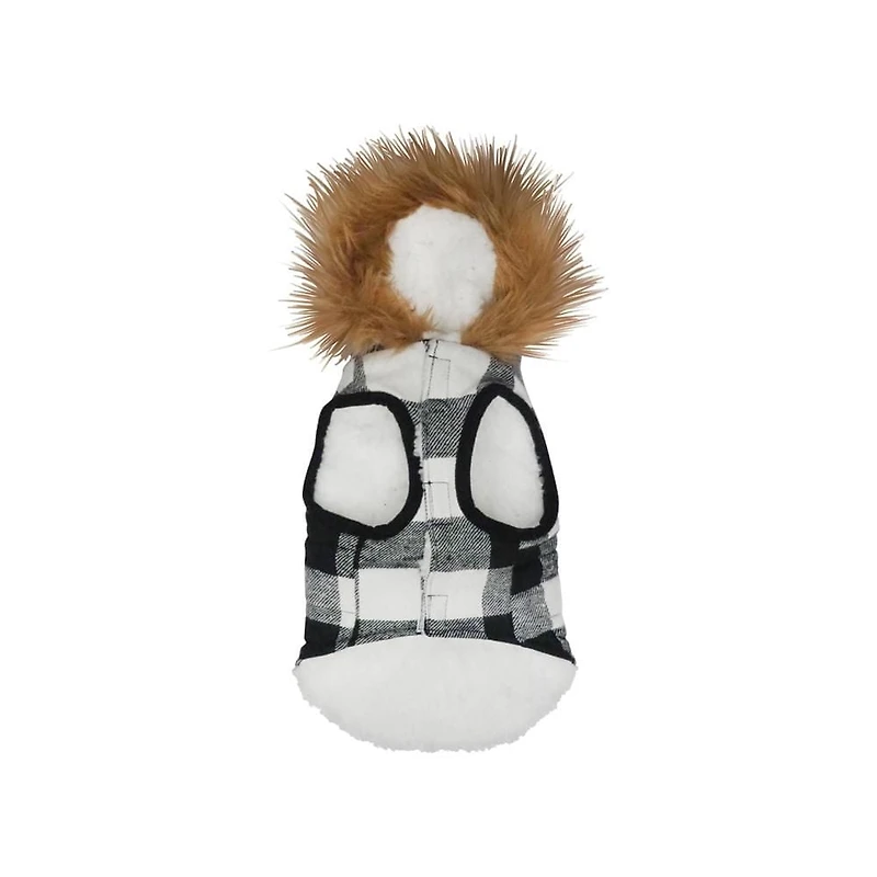 Holiday Time Dog Clothes: Hooded Jacket for Fall & Winter, Black & White Buffalo Plaid, Size XS-XL