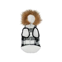Holiday Time Dog Clothes: Hooded Jacket for Fall & Winter, Black & White Buffalo Plaid, Size XS-XL