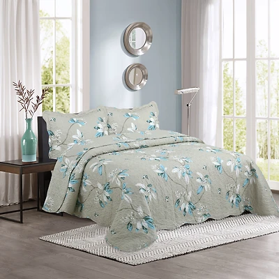 Marina Decoration Rich Printed Stitching Coverlet Bedspread Ultra Soft Bedding Summer Quilt Set with Quilted Sham, Modern Floral Taupe Pattern