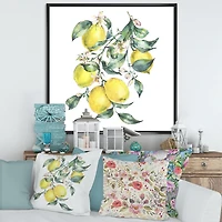Designart Branch of Yellow Lemons and Leaves I FLOAT FRAME WALL ART