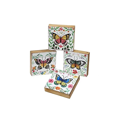 IH Casa Decor Square Wood Blocks Butterfly Asstd - Set of 4