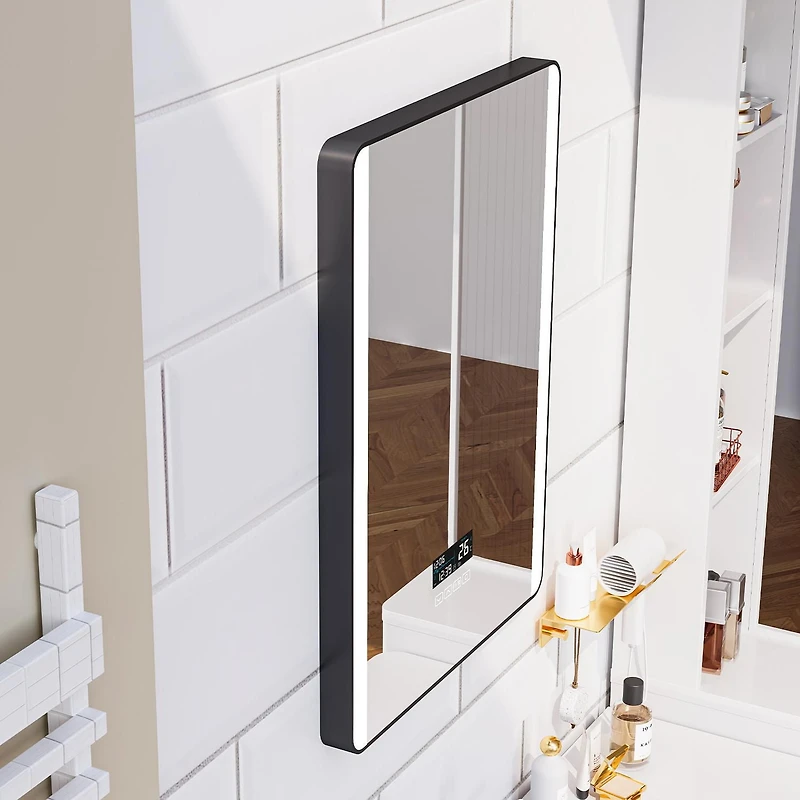 Miroir à DEL Ecoway Luna, Miroir de salle de bain éclairé monté au mur avec haut-parleur Bluetooth, anti-buée et horloge