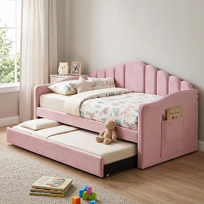 Homy Casa Lit de Jour Simple avec Lit Gigogne, Velours, Port USB, Poches de Rangement, Rose, Facile à Monter
