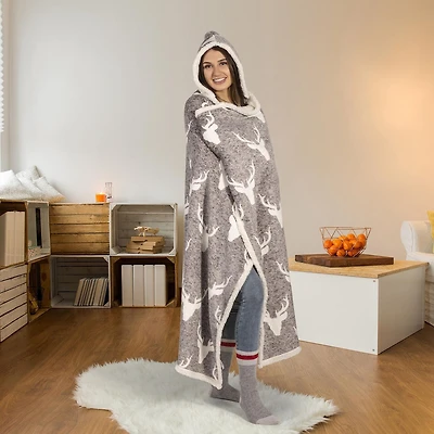 Safdie & Co. Premium Ultra Soft Flannel Hoodzy Hooded Throw Blanket with Sherpa Heathered Deer Shield
