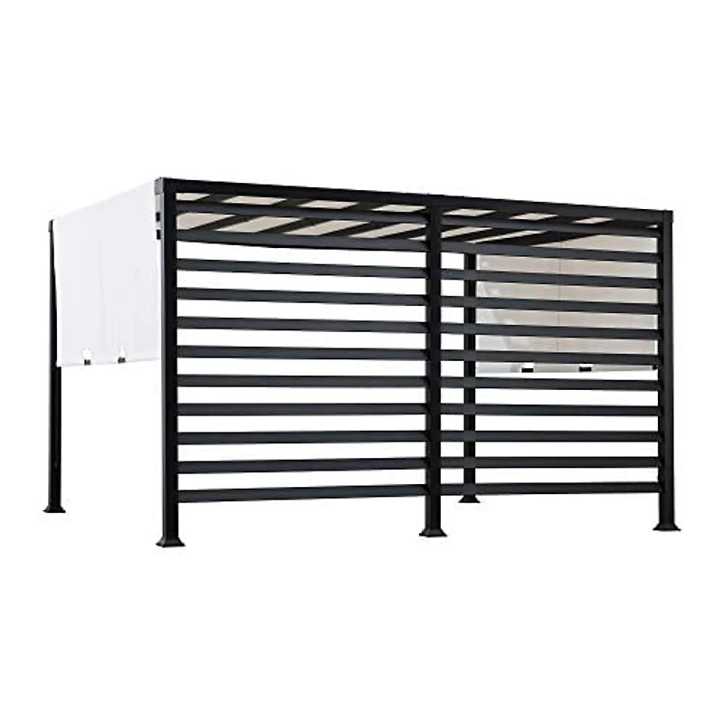 Sunjoy 10 ft. x 12 ft. Outdoor Pergola Modern Metal Pergola with White Adjustable Canopy and Privacy Wall