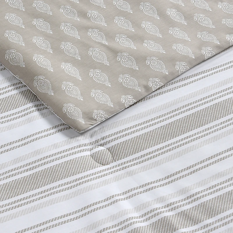 C&C California Printed Stripe Reversible Comforter Set, 100% Cotton, Breathable, All-Season Comfort , 3 piece, King, Oat