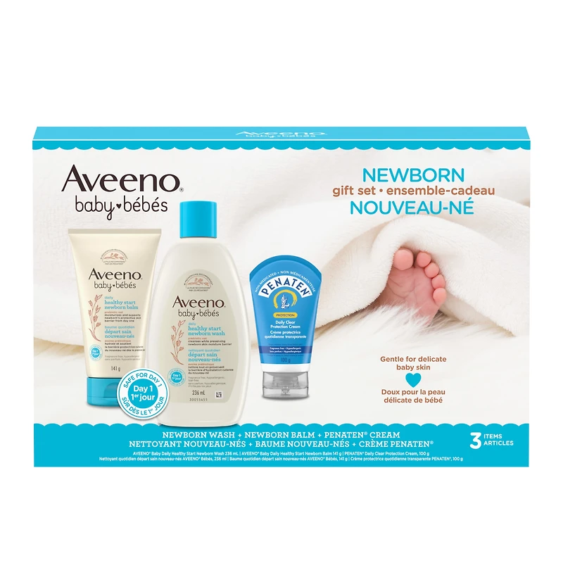Ensemble-cadeau Départ sain pour nouveau-nés Aveeno Baby, nettoyant pour nouveau-nés, baume pour nouveau-nés, crème Penaten, sans parfum, 3 produits